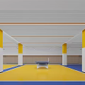 School Gymnasium Interior With Yellow Pillars Blue And Yellow Floor Ceiling Lighting