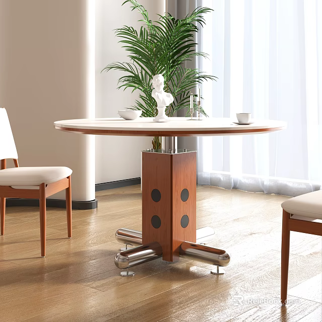 Bright Modern Restaurant With Round Wooden White Dining Table Cushioned Chairs Green Plant Near Window 3d model 