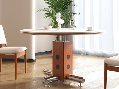 Bright Modern Restaurant With Round Wooden White Dining Table Cushioned Chairs Green Plant Near Window 3d model