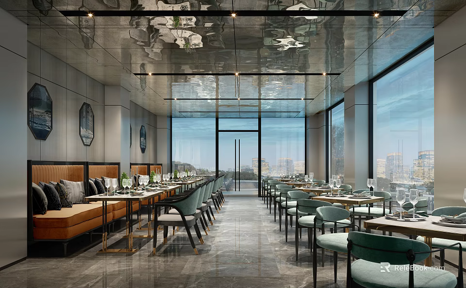 Modern Restaurant Interior Featuring Mirrored Ceiling Floor To Ceiling Windows City View And Green Chairs 3d model 