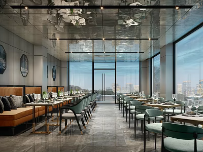 Modern Restaurant Interior Featuring Mirrored Ceiling Floor To Ceiling Windows City View And Green Chairs 3d model