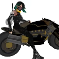 Futuristic Black Motorcycle With Female Rider And Colorful Hair On Yellow Background