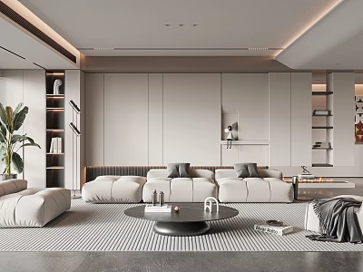 Modern Living Room Interior With Light Sofa Round Coffee Table And Striped Rug 3d model