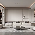 Modern Living Room Interior With Light Sofa Round Coffee Table And Striped Rug