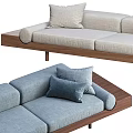 Modern Double Sofa With Light Blue Linen Upholstery Light Gray Cushions Wooden Base And Pillows
