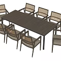 Outdoor Rectangular Table with Striped Wooden Top and Eight Rattan Chairs for Patio Garden Use