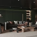 Living Room With Dark Green Accent Wall Black Ceiling Recessed Lighting And Dark Gray Sofas