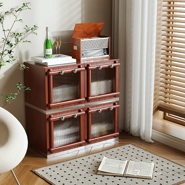 Retro Wooden Storage Cabinet With Green Plant Wine Bottle Radio And Books In Indoor Space 3d model 