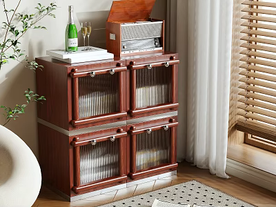 Retro Wooden Storage Cabinet With Green Plant Wine Bottle Radio And Books In Indoor Space 3d model