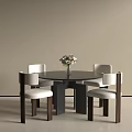 Round Black Table Four White Cushion Chairs Dark Brown Legs with Pink White Flower Vase