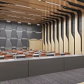 Modern Conference Room Interior With Long Tables Chairs Ceiling Lighting And Wall Design