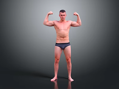 A Man Flexing Muscles Shirtless In Dark Underwear Standing Against Gray Background 3d model