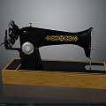 Vintage Sewing Machine With Black Body Golden Floral Patterns White Knob And Wooden Base