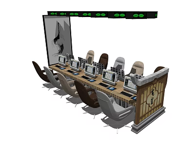 Functional Desk With Green Lights Multiple Monitors Various Colored Chairs And Wooden Panels 3d model