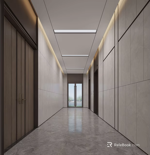 Modern Elevator Corridor Interior With Stone Walls Ceiling Lights And Polished Floor 3d model