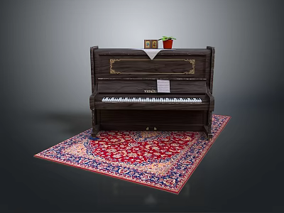 Dark Brown Piano On Red Patterned Rug With Photo Frame Small Plant And Music Sheet 3d model