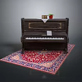 Dark Brown Piano On Red Patterned Rug With Photo Frame Small Plant And Music Sheet