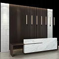 Modern Reception Desk With White Marble Countertop And Dark Striped Backdrop Wall Lights