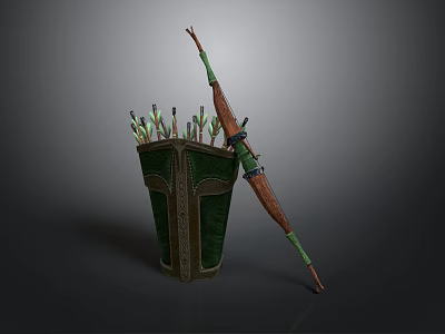 Green And Brown Longbow With Quiver Filled With Arrows As Traditional Archery Weapon 3d model