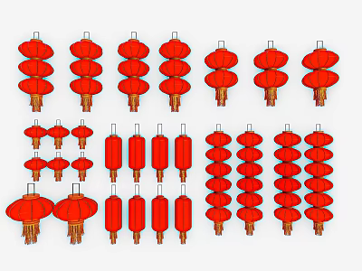 Red Chinese Lanterns in Various Shapes and Decorative Styles for Celebrations 3d model
