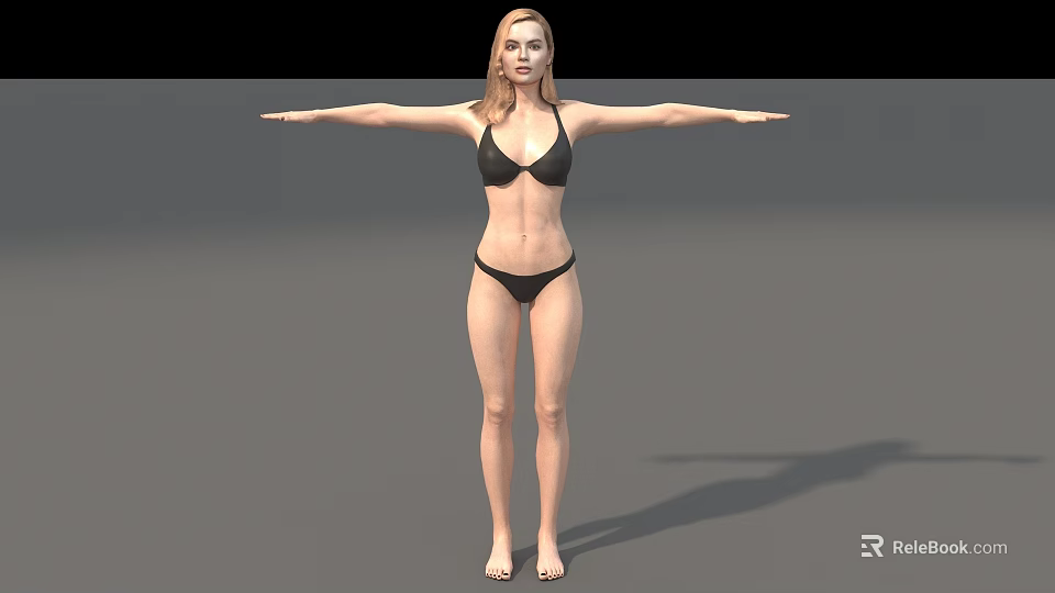 Woman In Black Bikini Standing With Arms Outstretched On Grey Background 3d model 