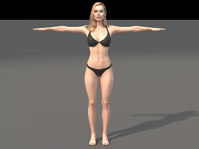 Woman In Black Bikini Standing With Arms Outstretched On Grey Background 3d model