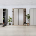 Modern Wardrobe Design With Light And Dark Panels Open Shelves And Potted Plants