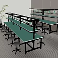 Modern Worktables With Green Tops Metal Frames Wheeled Stools Near Window Blinds And Plant