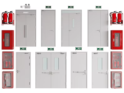 Fire Safety Equipment Featuring Various Fire Doors And Extinguisher Cabinets 3d model