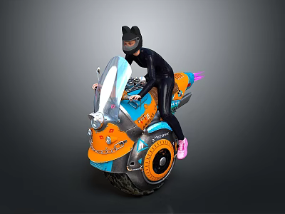 Person In Black Suit With Cat Ear Helmet Riding Colorful Orange Blue Motorcycle 3d model