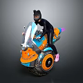 Person In Black Suit With Cat Ear Helmet Riding Colorful Orange Blue Motorcycle