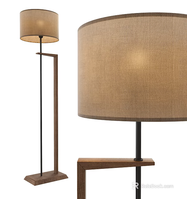 Modern Floor Lamp With Wooden Base Black Metal Pole And Beige Linen Shade 3d model 