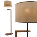 Modern Floor Lamp With Wooden Base Black Metal Pole And Beige Linen Shade