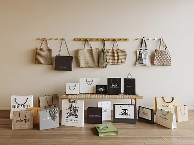 Assorted Designer Bags Collection Hanging On Wooden Rack With Various Brands Styles And Colors 3d model