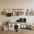 Assorted Designer Bags Collection Hanging On Wooden Rack With Various Brands Styles And Colors