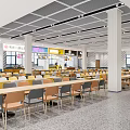 Spacious Cafeteria Interior With Tables Chairs And Food Stalls 3d model