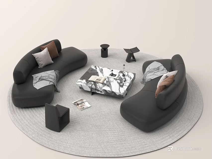 Modern Curved Leather Sofa And Marble Coffee Table Set With Pillows And Gray Rug 3d model 