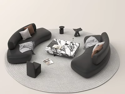 Modern Curved Leather Sofa And Marble Coffee Table Set With Pillows And Gray Rug 3d model