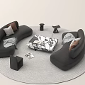 Modern Curved Leather Sofa And Marble Coffee Table Set With Pillows And Gray Rug