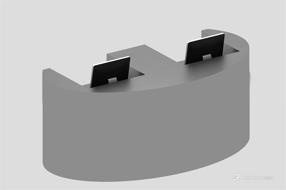 Gray Curved Reception Desk With Two Black Screens On Top Surface Design 3d model