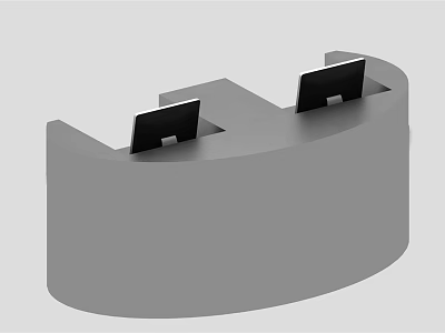 Gray Curved Reception Desk With Two Black Screens On Top Surface Design 3d model