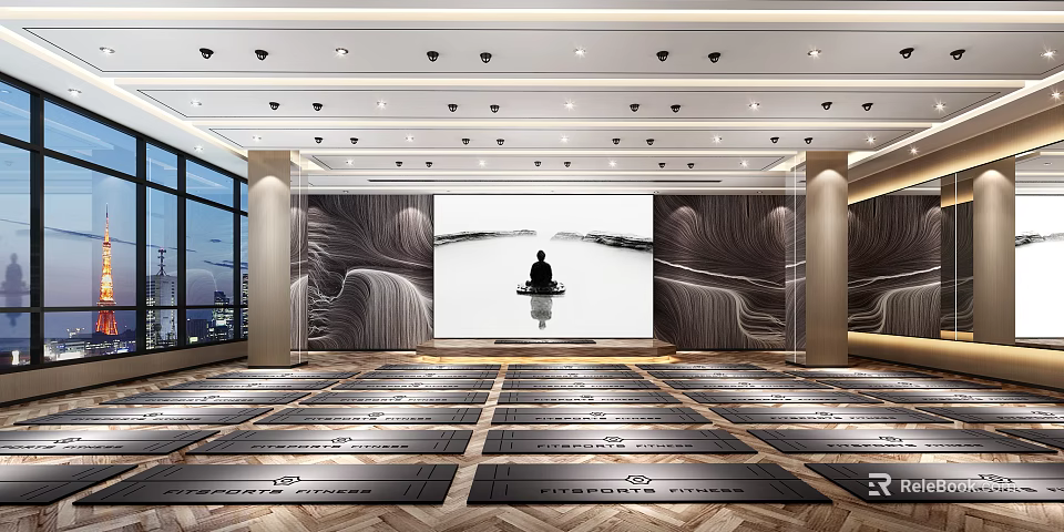 Modern Yoga Fitness Practice Room With Aligned Yoga Mats For Healthy Workout 3d model 