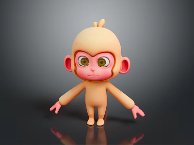 Cute Cartoon Monkey Character With Big Eyes Pink Ears And Standing Pose On Dark Background 3d model