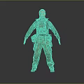 Male Character in Camouflage Uniform and Tactical Vest Standing Against Dark Background with Serious Expression