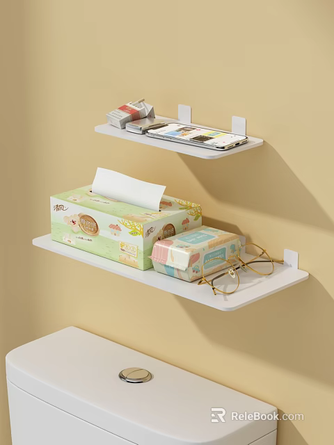 Wall Mounted Shelves With Tissue Box Eyeglasses And Mobile Phone On Light Beige Wall 3d model 