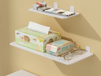 Wall Mounted Shelves With Tissue Box Eyeglasses And Mobile Phone On Light Beige Wall 3d model