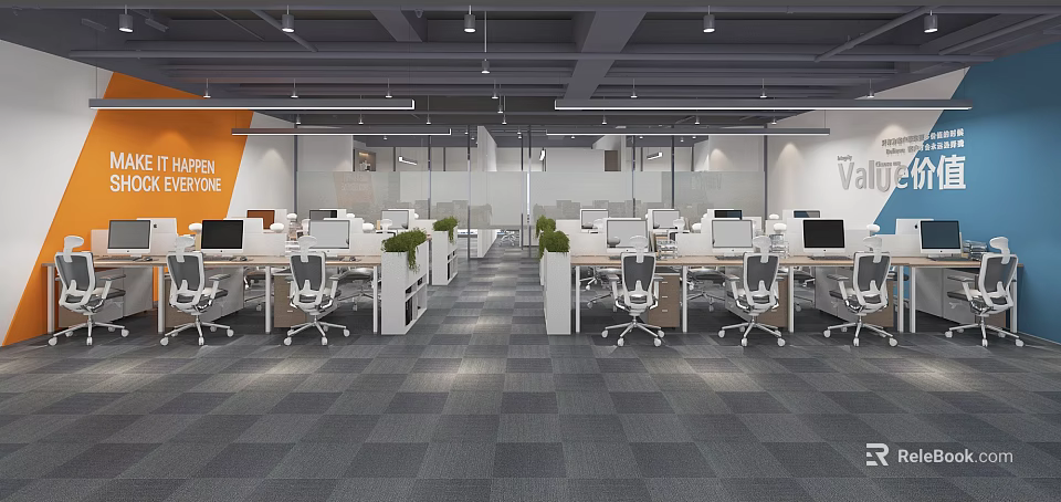 Modern Office Interior With Open Workspace Computers Green Plants Partitions Gray Carpet And White Desks 3d model 