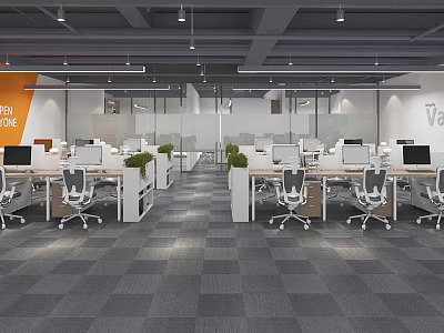 Modern Office Interior With Open Workspace Computers Green Plants Partitions Gray Carpet And White Desks 3d model