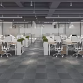 Modern Office Interior With Open Workspace Computers Green Plants Partitions Gray Carpet And White Desks
