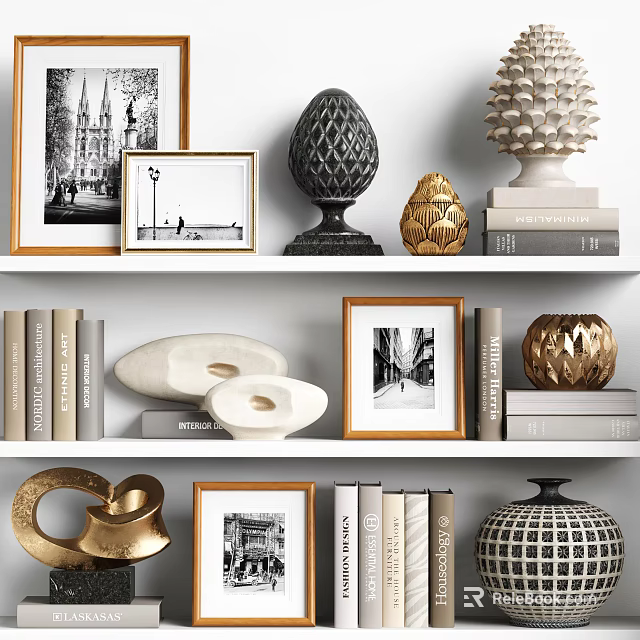 Decorative Ornament Set With Framed Black And White Photos Stacked Books And Gold Geometric Sculptures 3d model 